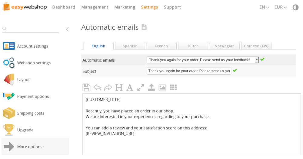 Captura de ecrã de e-mails automáticos